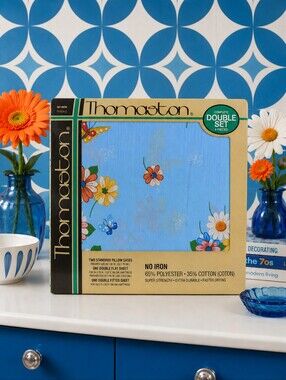 Vintage 70's Thomaston NEW Cottagecore Boho Sheet Set Butterfly Floral Blue